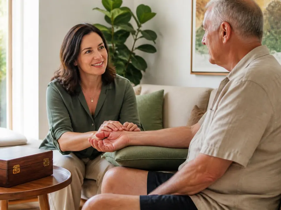 Chinese medicine practitioner providing a consultation at an older client's Brisbane home